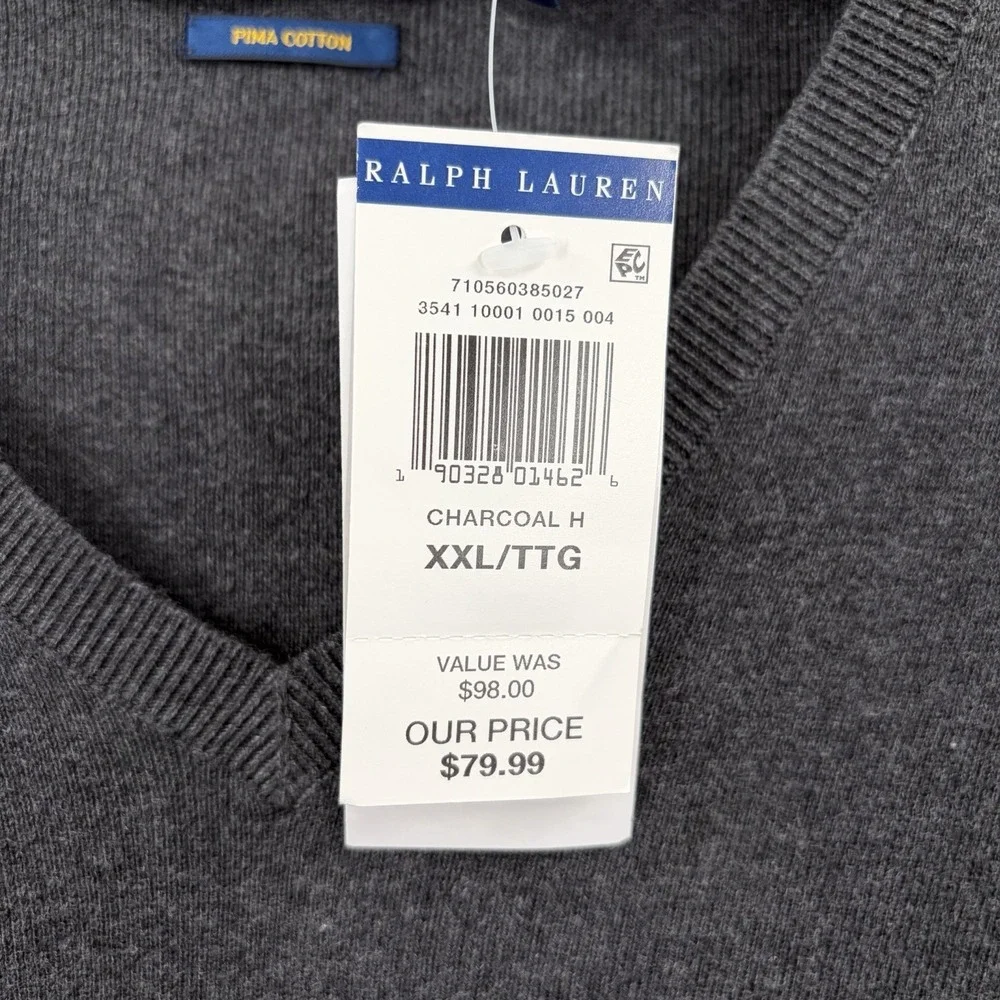 NWT Polo Ralph Lauren Pima Cotton V-Neck Sweater Mens 2XL Heather Navy Pony‎